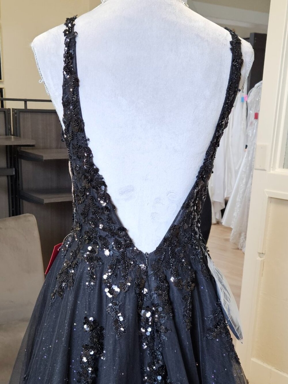 Size 6 Black Tank Strap Open Back Sparkle/Sequin Ballgown By Amarra - Picture 15 of 15
